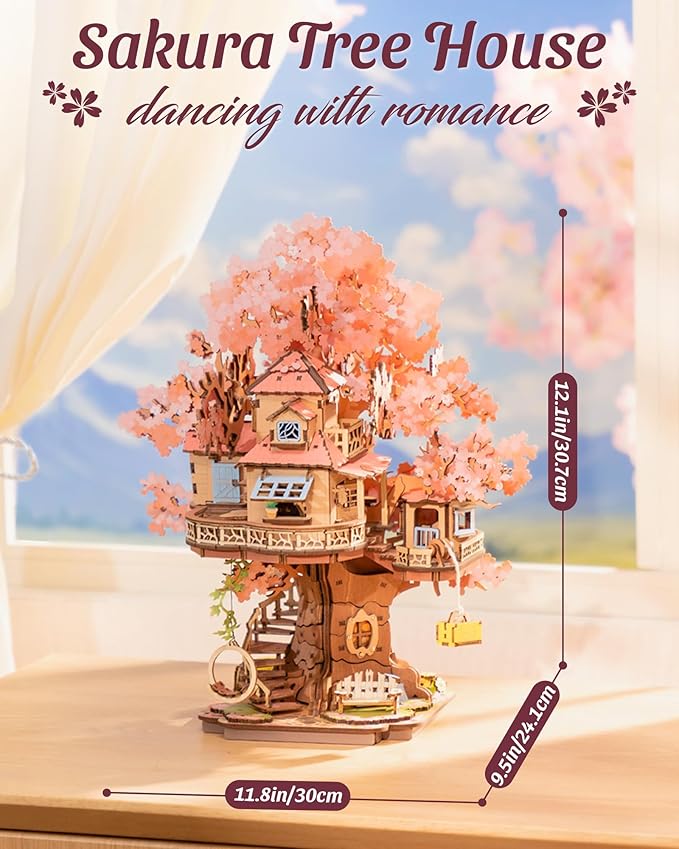 ROBOTIME DIY Miniature House Kits for Adults, 3D Wooden Puzzles for Teenager, Japanese Cherry Blossom Tree Sakura Bonsai Plants for Birthday Gifts and Hobbies (Sakura Tree House)