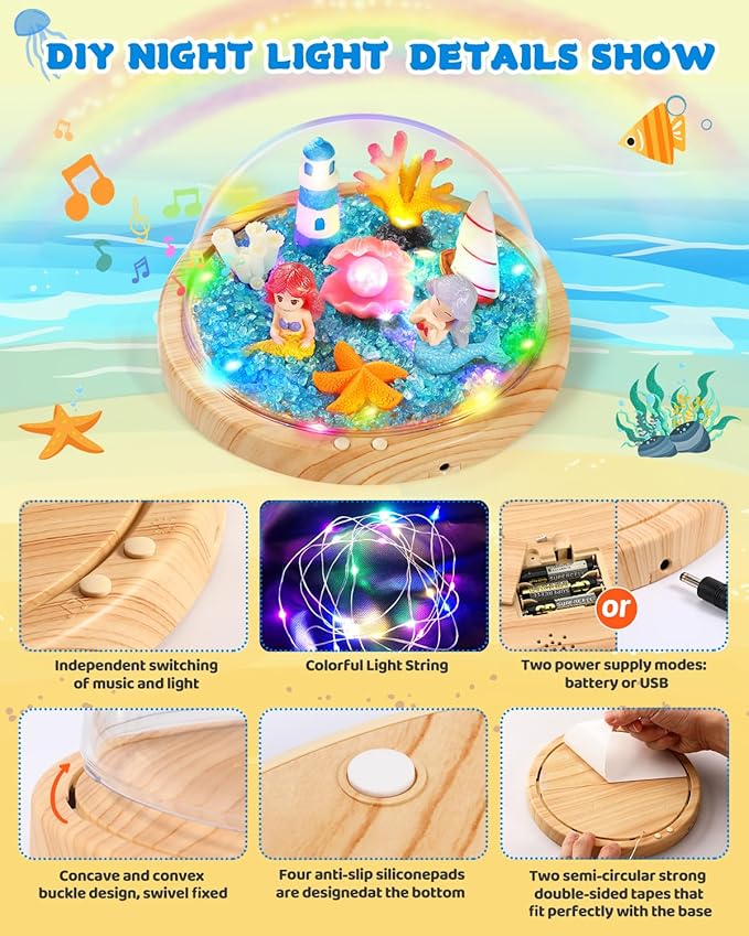Laclun Mermaid Toys for Girls, Make Your Own Mermaid Night Light with Music,Arts and Crafts for Kids,Gifts for 4 5 6 7 8 9 10 Year Old Girl,Ideal Christmas Gifts Best Toy
