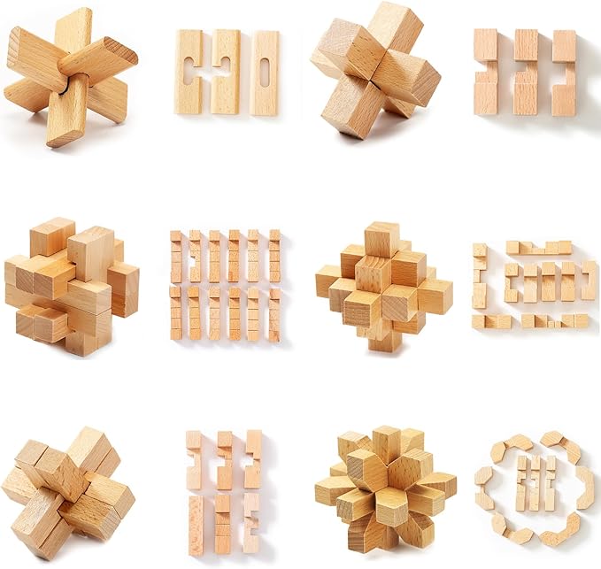 VolksRose 15pcs Wooden Brain Teaser Puzzles, IQ Challenge Puzzle Games, Logic Mind Puzzle Box Lock Toy Disentanglement 3D Small Brain Puzzle Gift Set for Adults Teenagers Kids, 1.8inch 4.5cm