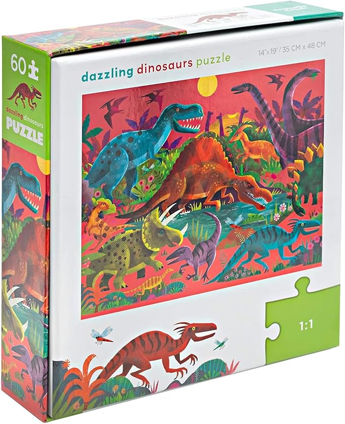 Crocodile Creek 60-Piece Holographic Foil Floor Puzzle for Kids Ages 4-8 and Up - Heavy-Duty Box for Storage - Dazzling Dinosaurs - 14” x 19” Finished