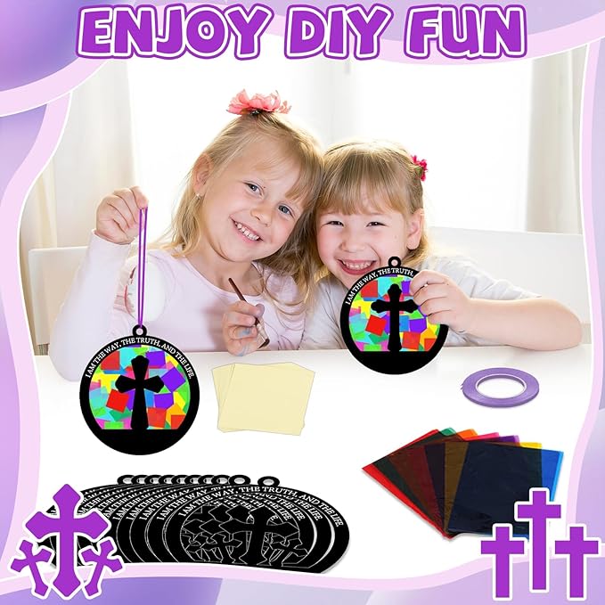32 Sets Cross Suncatchers Craft Kit DIY Religious Window Stained Glass Effect Christian Paper Craft Home School Classroom Decoration Kid Sunday School Birthday Gift Creative Art Project Activity Game
