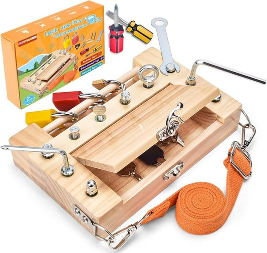 Montessori Screwdriver Board -Lock and Key Toy Set for Kids, Storage Wooden Tools Preschool Toys for 3 4 5 +Year Old, Fine Motor Skills Toys