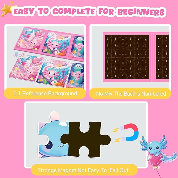 Magnetic Jigsaw Puzzles for Toddlers Kids 3-8 Girls,(3 36-Pieces) Travel Puzzles Toys for Kids Ages 4-6,Take-Along Car Airplane Road Trip Activities Game for 3 4 5 6 7 8 Year Old Birthday Gift,Axolotl