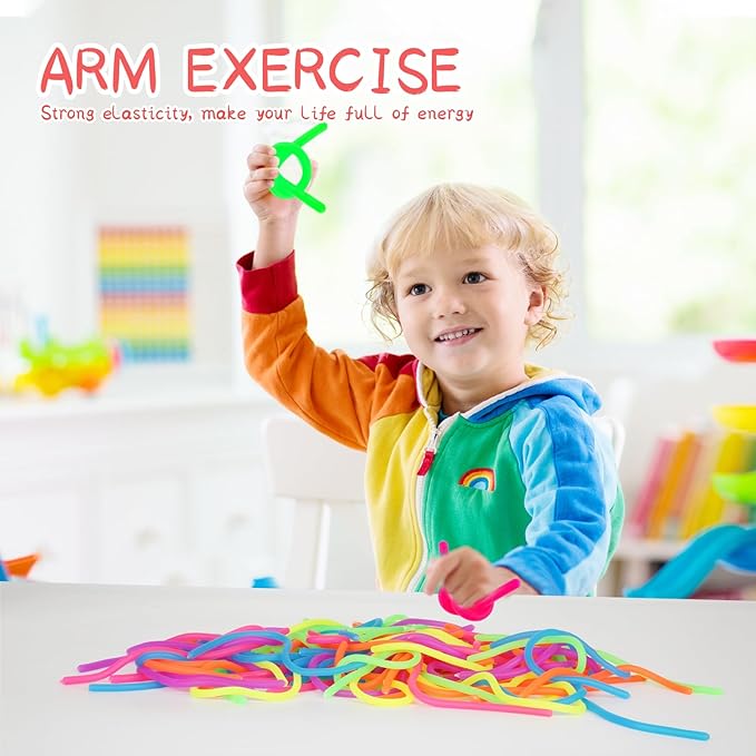 100 PCS Colorful Stretchy Fidget Strings Sensory Toys, Carnival Prizes Fidget Stress Relief Toy for Classroom Prize Children Gift Birthday Party Favors Kids 4-8 8-12