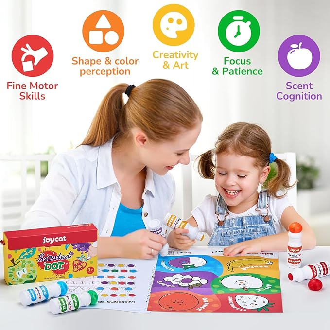 Joycat Vibrant Fruit-Scented Washable Dot Marker for Kid - 6 Color with Carry Handle, scented chart & 123 PDF Free Pages, Non-Toxic & Safe,Bingo Dauber Marker for Toddler 1-3, Art and Craft Kit Supply