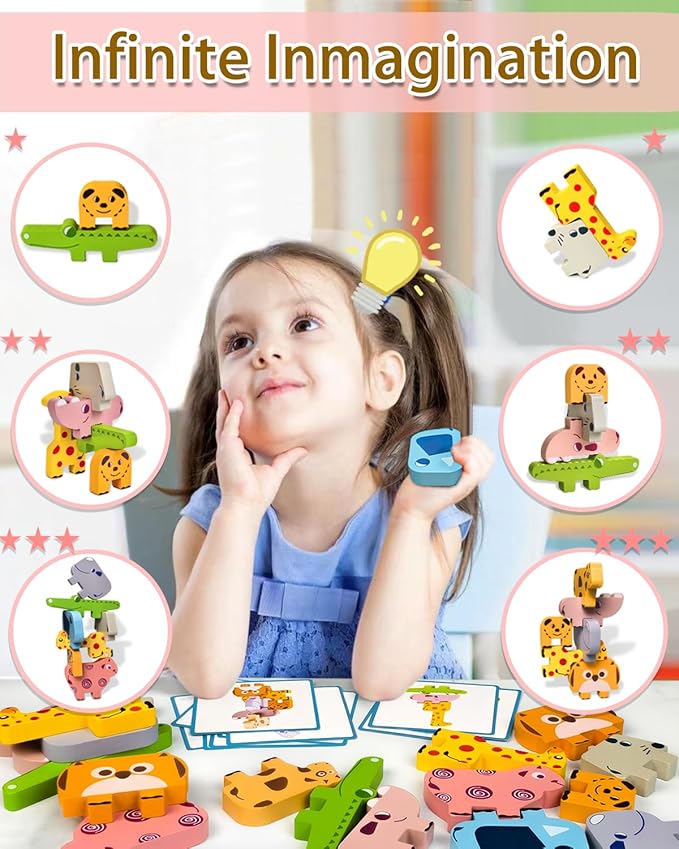 Cowcowcow Montessori Toys for 1 2 3 4 Year Old Boys Girls, Toddler Toys Age 2-4, 1 2 3 4 Year Old Girl Boy Birthday Gifts, 10 pack Wooden Animal Blocks Sorting & Stacking Education Toddler Puzzles Toy