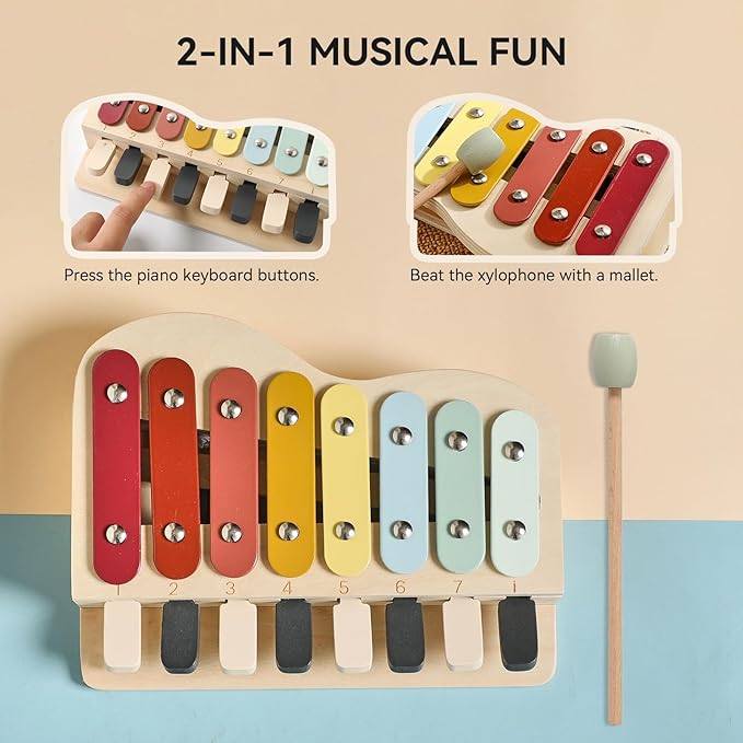2-in-1 Piano Xylophone Wooden Musical Toy for Toddlers 1-3, Educational Musical Learning Instruments with 8 Colorful Keys, 5 Classic Song Sheets, Montessori Sensory Music Set for Girls Boys