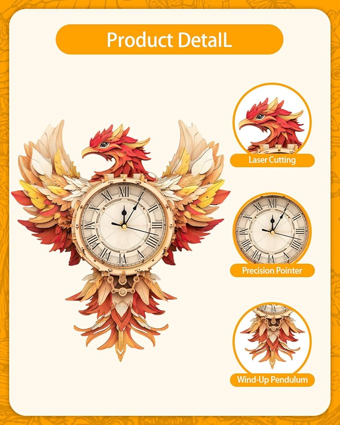 3D Wooden Puzzles for Adults, Phoenix Wall Clock DIY Set, Beginner 37 Pcs Wooden Puzzles, Creative Gift Ideas for Adults Teens