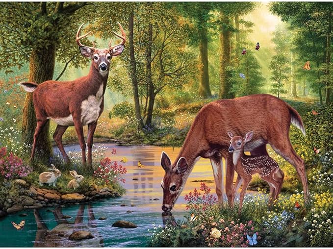 Bits and Pieces – 1000 Piece Jigsaw Puzzle for Adults – Woodland Stream - Deer Stream Forest Tree Flower Nature Water Animals Woods Jigsaw Puzzle by Artist Steve Read, Completed Puzzle Size: 20" x 27"