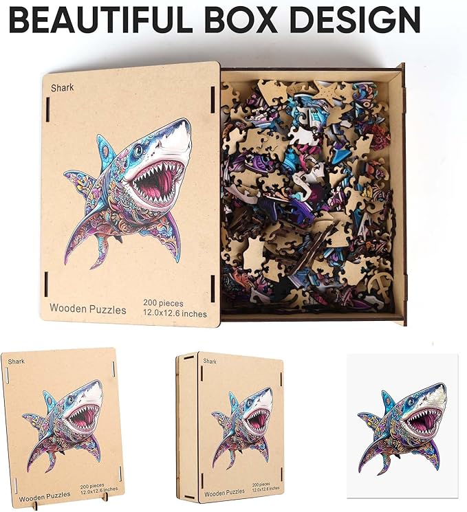 Wooden Jigsaw Puzzle, 200 Pcs Unique 3D Shape Jigsaw Puzzles, Wood Puzzle Gift Box Packing, Medium Size Letter, Creative Gift for Adults and Kids, Fun Challenging (EA4Shark, 200PCS)