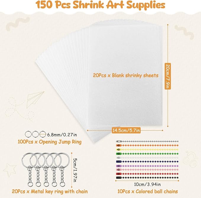 Hayunfiys 150 Pcs Shrink Sheet Set Shrink Paper Keychain Set with 20 Pieces of Shrinkage Paper 130 PCS Keychain and Open Iron Ring for Kids Creative Craft Markers, DIY Jewelry or Creative Crafts