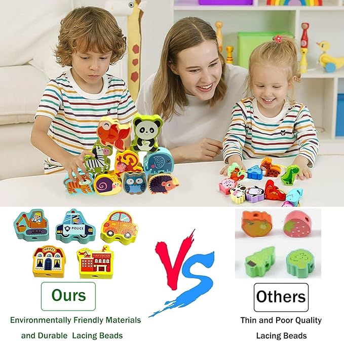 Montessori Wooden Lacing Beads for Kids,42 Pcs Preschool Activities String Car Animals Vegetables Beads Toys,Educational Threading Learning Beads Toys for Toddler 3 4 5 6 Year Old Boys Girls