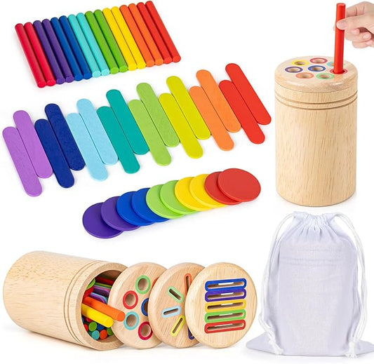 Montessori Toys for 3 4 5 Year Old, 3 in 1 Wooden Color Sorting Toys, Preschool Learning Activities Fine Motor Skills Sensory Toys for Toddlers