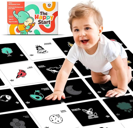 Happy Start High Contrast Baby Cards for Newborns - Black & White Cards, Water-Resistant, BPA-Free, Portable Educational Flashcards for Visual Stimulation, Award-Winning, Ages 0+(English & French)