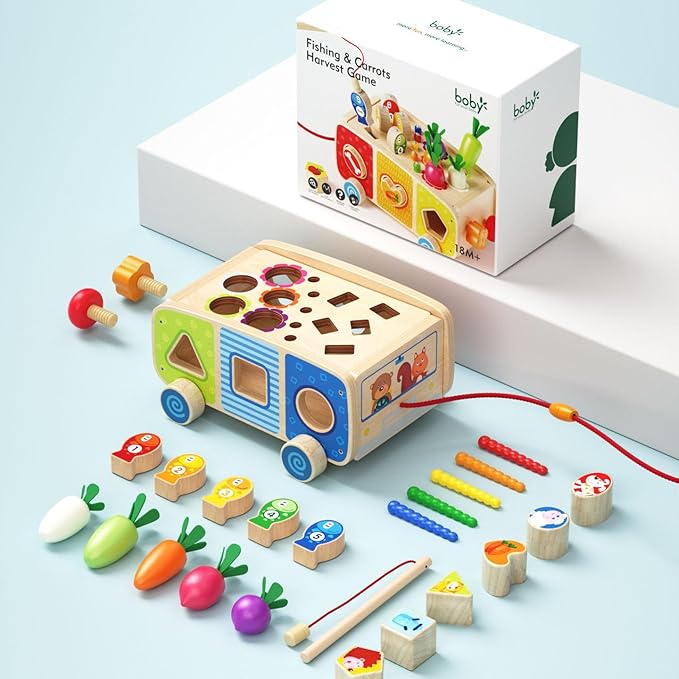 Dailyfunn Montessori Wooden Farm Toys for Babies Toddlers Boys Girls 1-3 Years Old 1st First Birthday Gifts| Fine Motor Skills Developmental Fishing Game Carrots Harvest Game Shape Sorter
