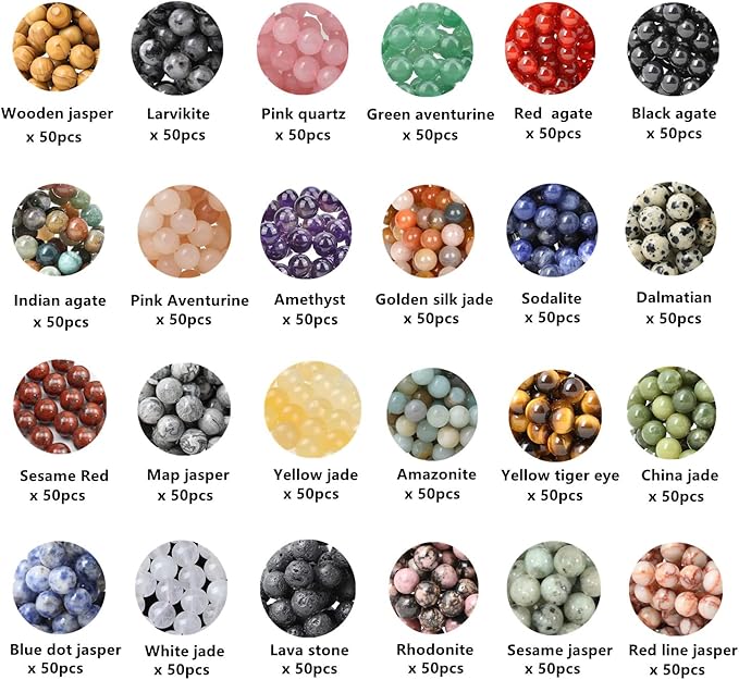 1200pcs Natural Stone Beads Crystals Round Genuine Real Stone Beading Loose DIY Gemstone for Bracelet Jewelry Making(6mm,24 Color S3)