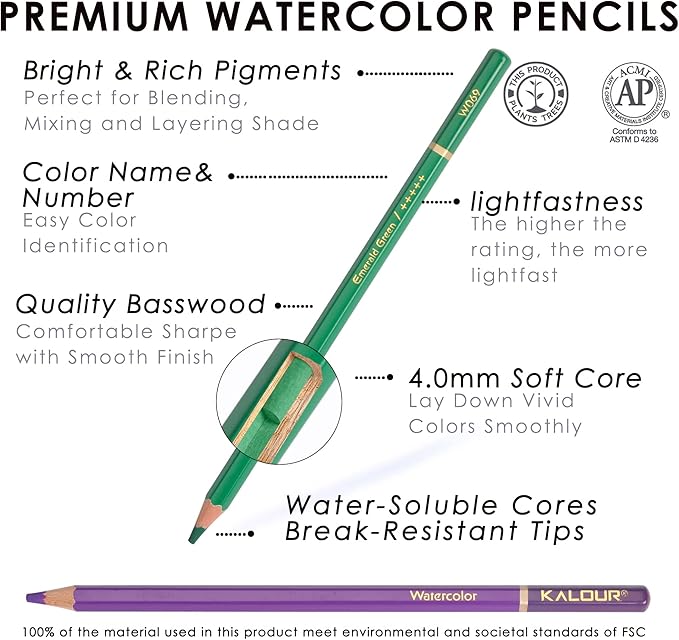 KALOUR Premium Watercolor Pencils, Set of 120 Colors,with Water Brush Pen,Portable Nylon Case,Numbered and Lightfastness,Water-soluble Colored Pencils for Adult Coloring,Water Color for Beginner Kids