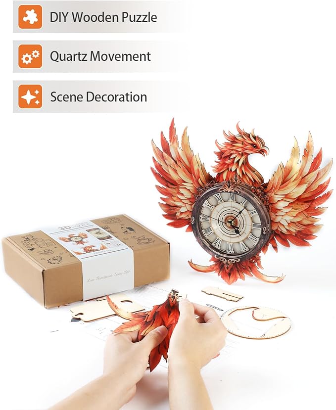 3D Wooden Puzzles for Adults, 3D Puzzle Fire Phoenix Clock Kit (with Pendulum), 3D Puzzles for Adults Teens Home Wall Decor Clock Puzzle Gifts for Adult