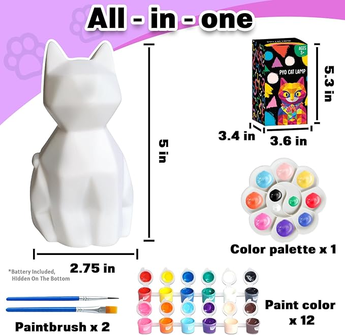FUNZBO Paint Your Own Cat Lamp Kit - Arts and Crafts Supplies, Toys for Ages 8-13, Crafts for Girls 8-12, Painting Kits for Kids Teens Adults, DIY Toy for Toddler 3 4 5 6 7 9 10 11 + Birthday Gifts