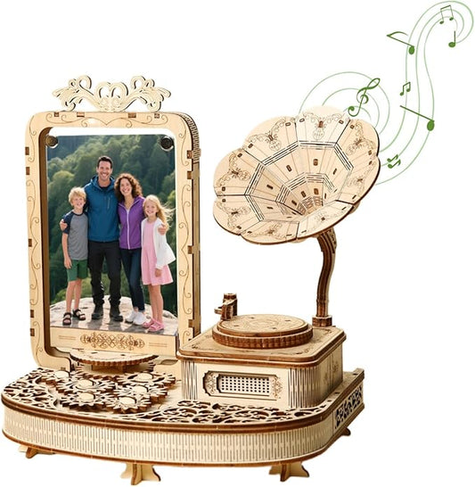 3D Wooden Puzzle Gramophone for Adults – DIY Mechanical Music Box Kit with LED Lights & Rotating Photo Frame, Creative Building Model Sets Gift for Teens, Men & Women