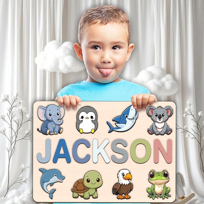 LOVELYPOD Personalized Name Puzzle for Kids, Custom Name Puzzles for Toddlers 1-3 Animal Puzzle, Customized 1st Birthday for Girls & Boys Wooden Toys for Kids, for New Baby - Style 5