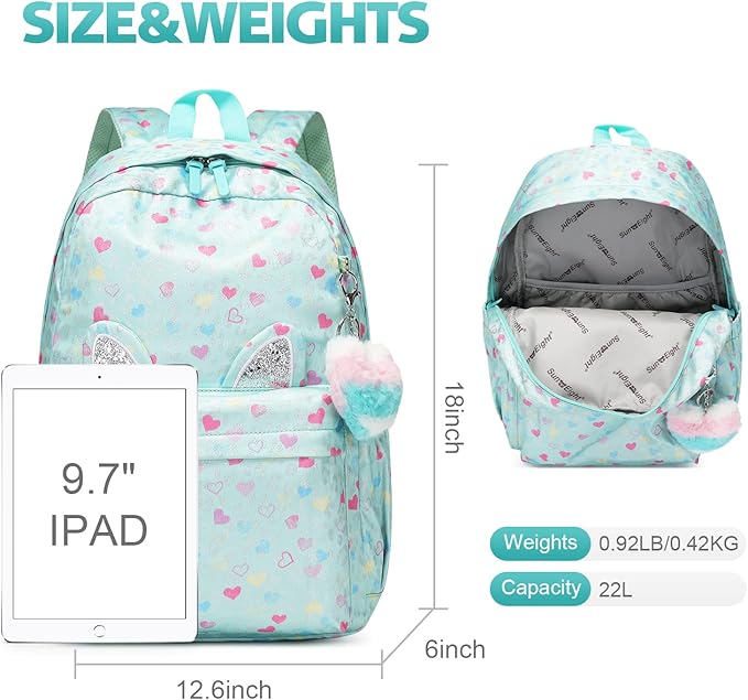 SUN EIGHT Backpack for Girls Kids Elementary Bookbag Waterproof Large Space School Backpacks for Teens for Travel and School Ages 6+ Years old Casual Backpack（Pink Green Peach Heart）