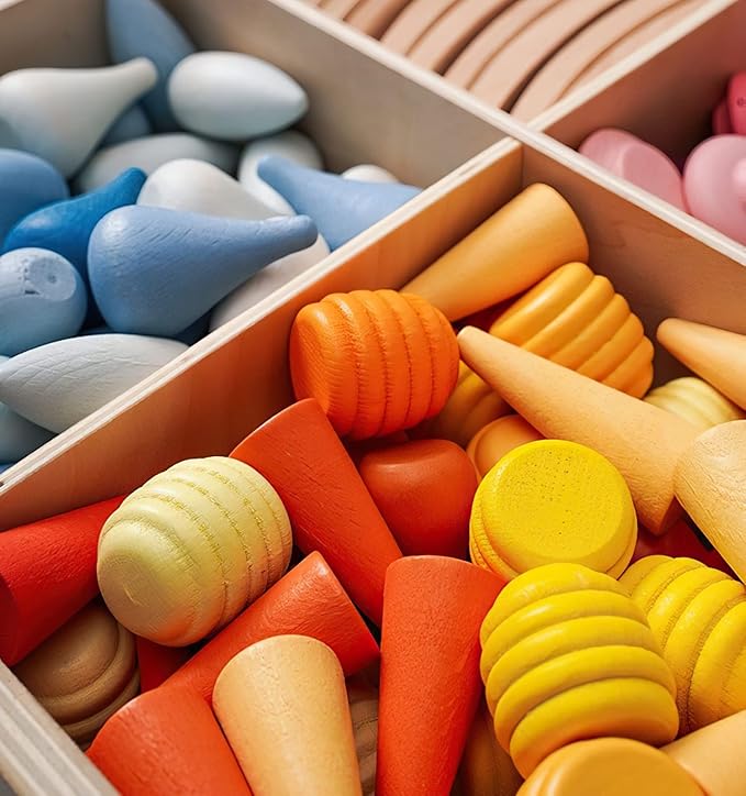 MIKNEKE 162 Wooden Loose Parts Sensory Bin Filler, Mandala Rainbow Stacker Open Ended Toy, 27 Colors Sensory Training Educational Set