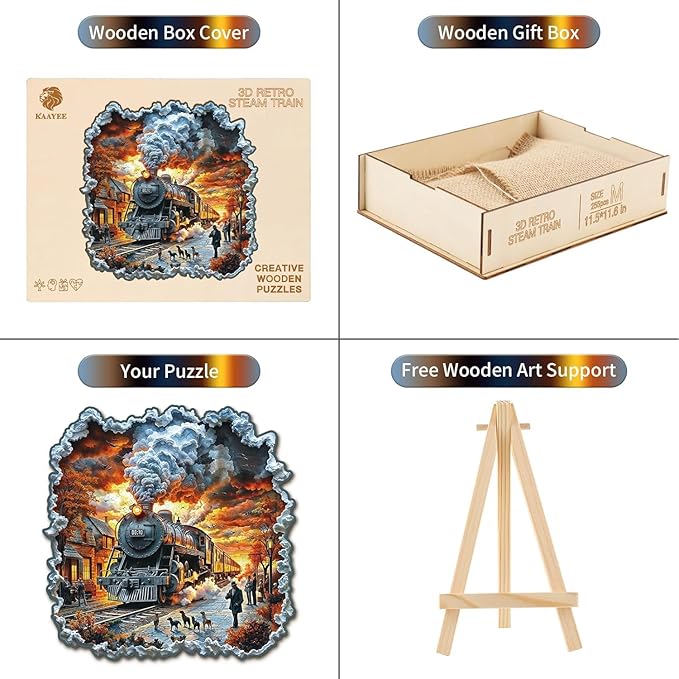 Wooden Puzzles for Adults 255 Pices, 3D Steam Train Wooden Jigsaw Puzzle, Flat Puzzels with 3D Visual Effect, Steam Train Irregular Jigsaw Puzzles, Finished Puzzle Size is 11.6 * 11.5 in