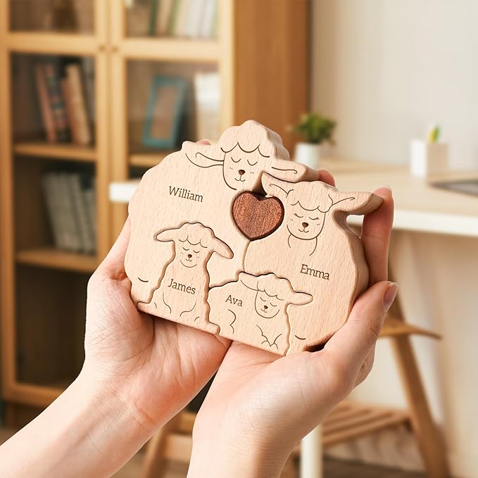 Wooden Goats Family Puzzle, Personalized Puzzles with 2–5 Names, Mothers Day Birthday Personalized Gifts for Mom Dad Kids Teen Boys Girls Grandma, Toddler Men Thanksgiving Gifts