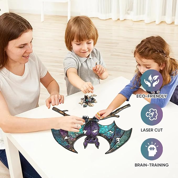 Wooden Puzzles for Adults, Halloween Puzzles,Stained Glass Bat Puzzles Animal Wooden Puzzles,150 Pieces Unique Irregular Fun Challenging Jigsaw Puzzles Gifts, Perfect Family Games, 11.2 * 10.6inch