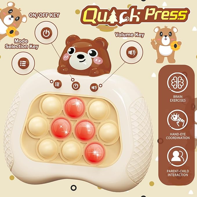 Pop Push Game Toy for Kids, Quick Fast Push Pop Puzzle Handheld Game Light up Fidget Toy 8-12, Bubble Sensory Toys Christmas Birthday Gifts for Kids Ages 3-12 (Cute Grizzly Bear)