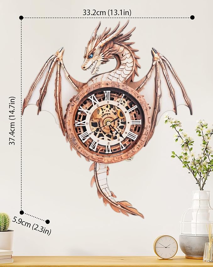 Rnfinewow 3D Wooden Puzzles for Adults, 3D Puzzles Dragon Clock Kit (with Pendulum), Beginners Wooden Puzzle for Adults Teens Home Wall Decor Clock Gifts for Men Women
