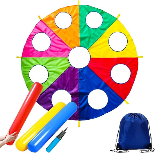 10 FT Rainbow Play Parachute Mole Game with 9 Holes, Indoor/Outdoor Fun for Kids, Families, Schools, Includes 3 Inflatable Sticks & 1 Pump, Perfect for Team Building, Group Activities