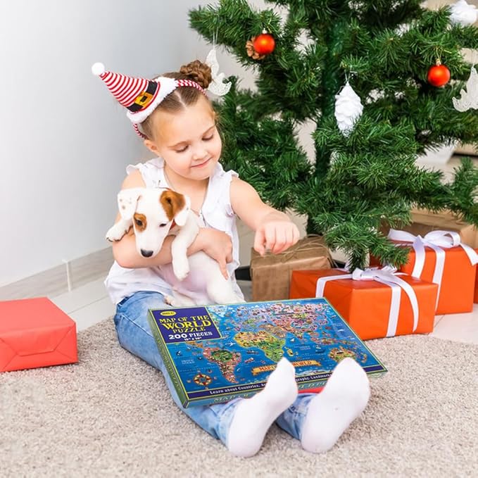 200 Pieces World Map Jigsaw Puzzle for Kids Ages 4-8, Environmental Recyclable Cardboard, Portable, Hand-Eye Coordination, Spark Educational Conversations