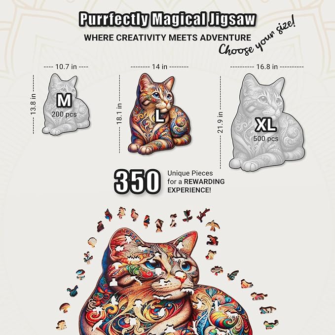 LEOGOR Wooden Jigsaw Puzzles for Adults 350 Pieces (14 × 18.1 in), Cat Puzzle, Extra-Thick 5mm Wood, Colorful Mosaic Design, Unique Animal Shapes, Artistic & Relaxing Gift for Adults and Teens