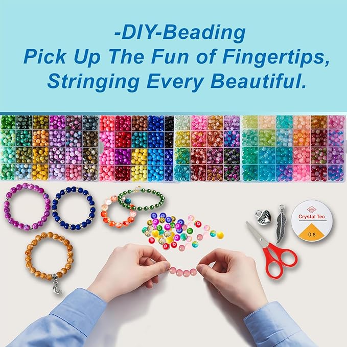 1300 Pcs Round Glass Beads for Jewelry Making – 8mm Beads in 48 Colors, 2 Box Set of Bulk Glass Beads for Bracelets, Crafts & DIY Gifts