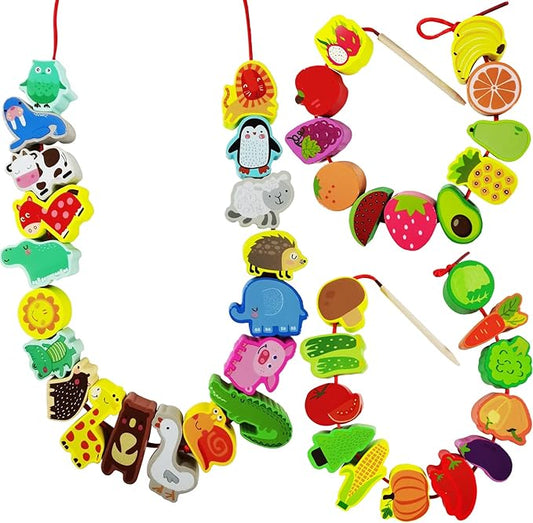 Visen 46Pcs Wooden Animals Fruits Vegetables String Threading Beads,Include 42Wooden Lacing Beads 4String Ropes,Montessori Toddler Preschool Activities Lacing Toys for Toddlers 3 4 5 6 Year Old