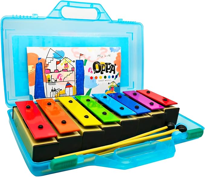 OPPA Kids' 8-Note Resonator Bells with Soft & Hard Mallets, Colorful Song Sheets, Detachable Keys & Blue Case – Inspire Musical Play