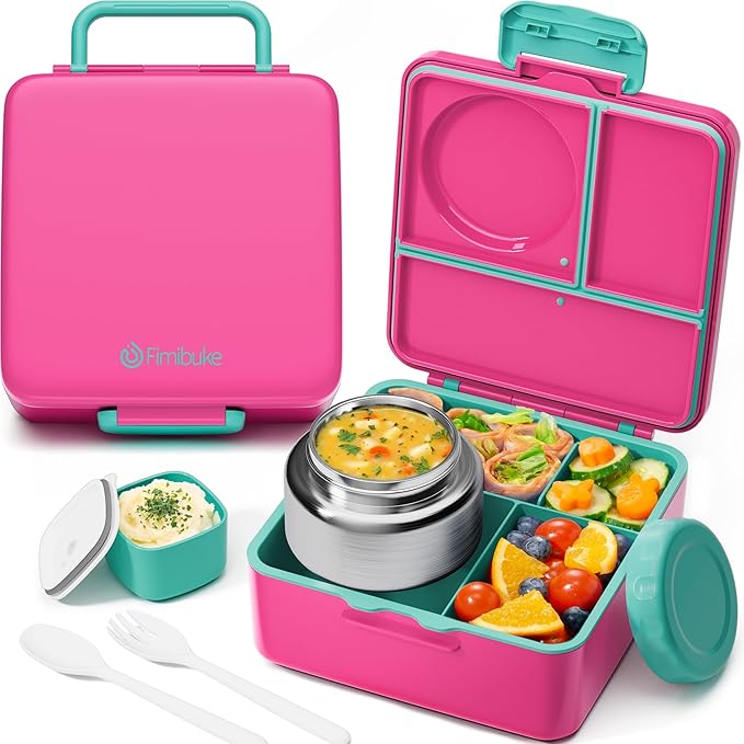 Fimibuke Bento Lunch Box for Kids Adult, 3-4 Compartment 60OZ Toddler Lunch Box Container with Leakproof 8OZ Insulated Food Jar, Sauce Jar, Utensil for School Boys Girls, BPA-Free Dishwasher Safe