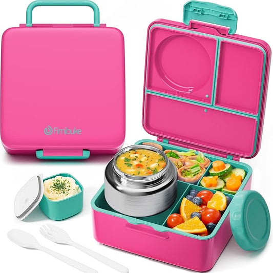 Fimibuke Bento Lunch Box for Kids Adult, 3-4 Compartment 60OZ Toddler Lunch Box Container with Leakproof 8OZ Insulated Food Jar, Sauce Jar, Utensil for School Boys Girls, BPA-Free Dishwasher Safe