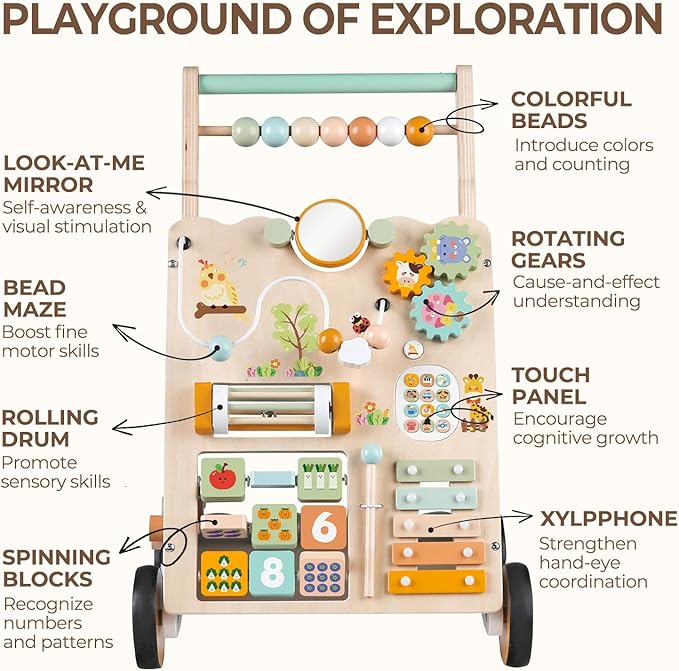 Baby Push Walker, Wooden Baby Walker with Wheels, Montessori Activity Center for 1 Year Old Boys Girls, Adjustable Speed & Height Push Toy for Toddlers, Educational Gift for Ages 1+ Kids Development