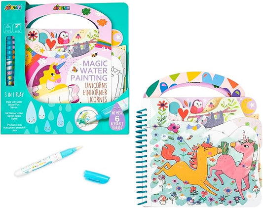 Avenir Reusable Water Coloring Book for Toddlers 1-3 & 3-5 – Mess-Free Paint-with-Water Travel Toy Airplane Activities Road Trip Quiet Book, Water-Reveal Activity Pad, 3-in-1 Creative Set