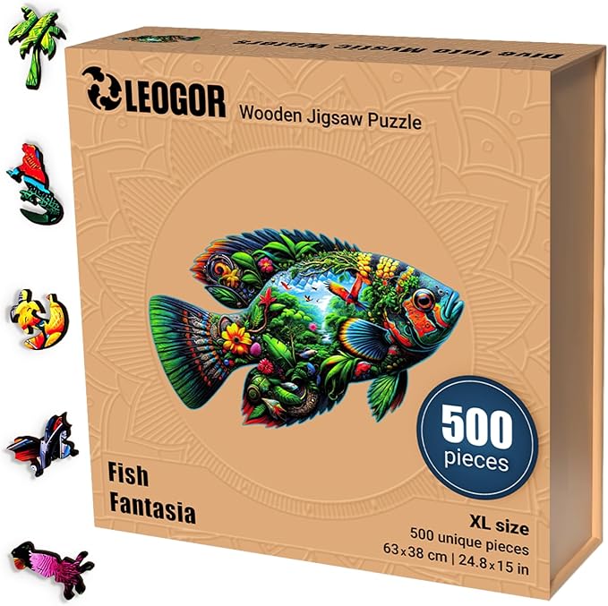 LEOGOR Wooden Jigsaw Puzzles for Adults 500 Pieces (24.8 x 15 in), Fish Shaped Puzzle, Large Sea Life Scene, Beautiful Animal Shapes, Extra-Thick 5mm Wood Puzzle Pieces, Unique Gift for Family Fun