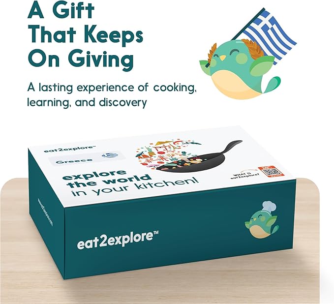 eat2explore Cooking Kits for Kids - Interactive & Educational Set with 3 Recipe Cards, Key Ingredients & Cooking Tools - Ideal Idea for Kids who Love to Create Meals (Greece Edition)
