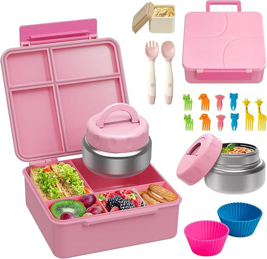 Bento Lunch Box with 9.5 oz Soup Thermo, Kids Leakproof 4 Compartments Bento Box with Silicone Cupcake,Fruit Fork,Spoon and Sauce Cup,Insulated Food Jar for School Travel-Pink