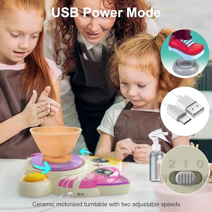 Roaxkois Pottery Wheel for Kids – Complete DIY Arts & Crafts Painting Kit with Air Dry Clay, Paints, Tools, Apron & Stickers – Creative Gift for Girls & Boys Ages 6 7 8 9 10 11 12+