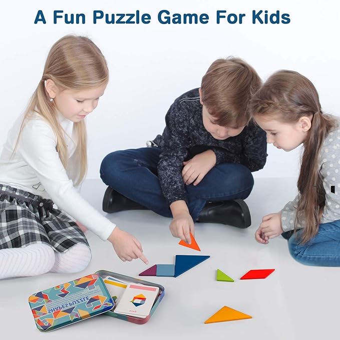 Vanmor Wooden Tangrams Sets Pattern Blocks, Shape Card Brain Teaser Puzzles Educational Toy, Travel Games for Kids Ages 4-8 Road Trip Essentials
