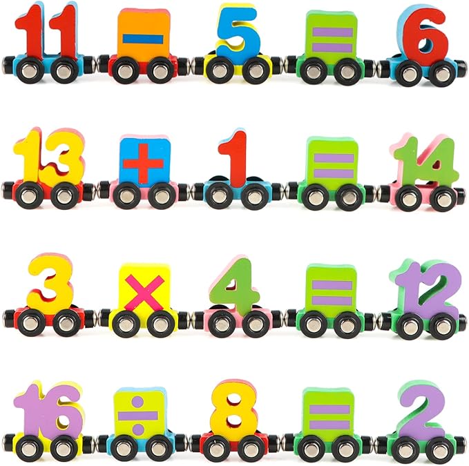 Wondertoys 27 PCS Wooden Magnetic Number Train Set Toy Compatible with Major Brands Train Set Tracks