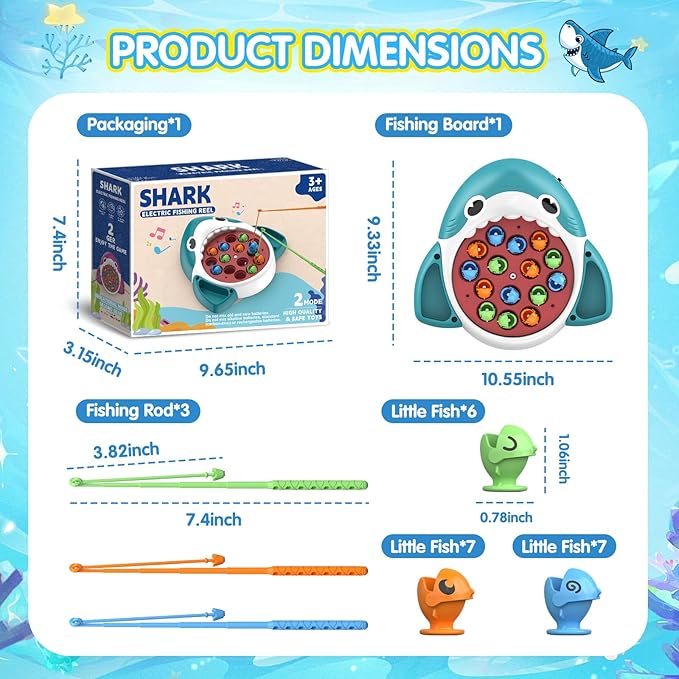 Musical Shark Fishing Game for Kids, 360° Rotating Board, 20 Fish with 3 Rods,Hook Fishing Set for Toddlers，Educational, Fine Motor Skill Activity for Boys and Girls