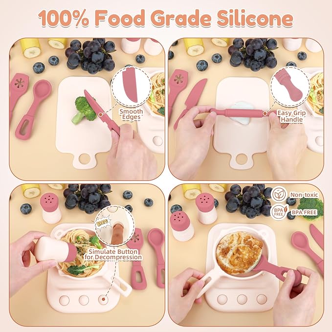 TYRY.HU Play Kitchen Accessories, 11Pcs Pretend Play Toys, BPA Free Silicone Play Kitchen Set, Pretend Play for Toddlers 1-3, Play Kitchen Cooking Utensils Pots & Pans, Learning Gifts for Kids, Pink
